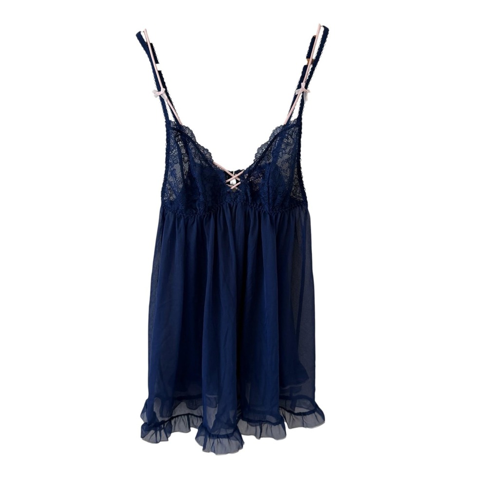 Victorias Secret Babydoll Dress Lingerie S Navy Blue Pink Lace Bow Ruffle Sheer